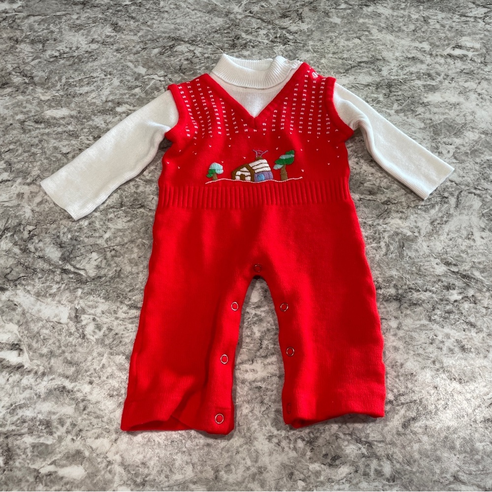 VINTAGE Christmas Sweater Romper with Log Cabin Winter